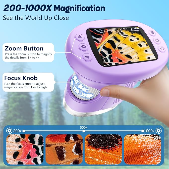 Odatay 2.4" 4K 1000X Digital Kids Microscope with 32G Card 12 Slides Purple | Long Distance Viewing, Portable Handheld Edu Gift Toys for Age 3-12, Exploring Bugs Plants at Home Classroom & Outdoor Travel - Image 5