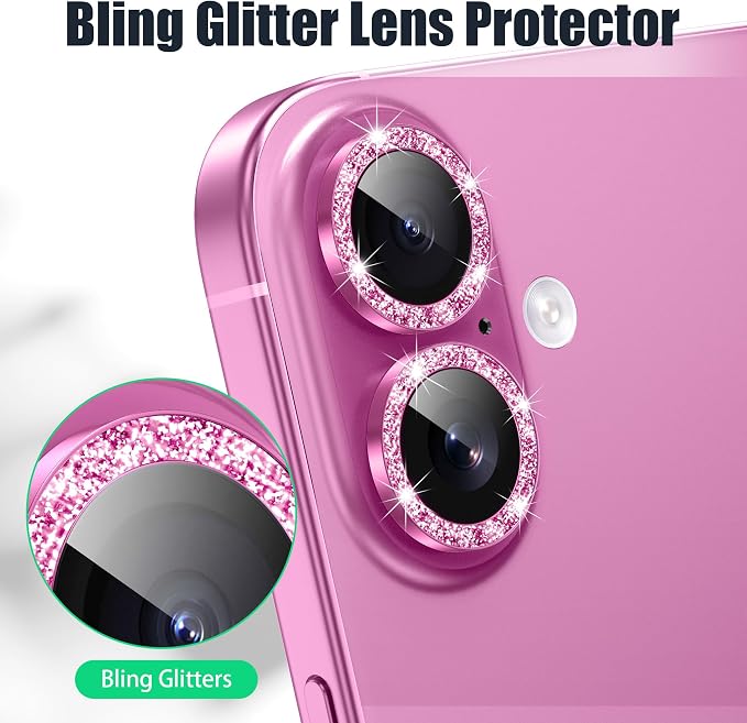 AGVEE 3+3 6 Pack for iPhone 16/16 Plus Camera Lens Protector Cover | Individual Bling Diamond & Bling Glitter Sparkle Cute Gem Metal Ring, 9H Tempered HD Glass - Image 5