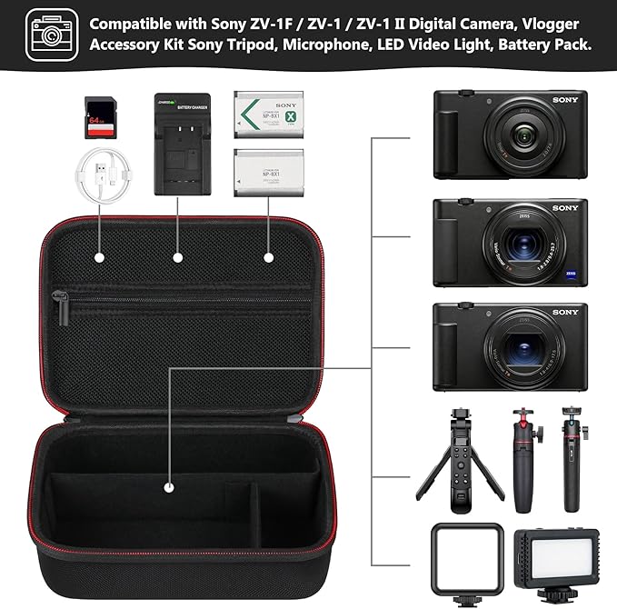 Hard Travel Case for Sony ZV-1F / ZV-1 / ZV-1 II Digital Camera, Protective Cases Bag Fits Vlogger Accessory Kit Tripod, Microphone, LED Video Light, Extra Zipper Pocket fit Battery Pack, Black - Image 2
