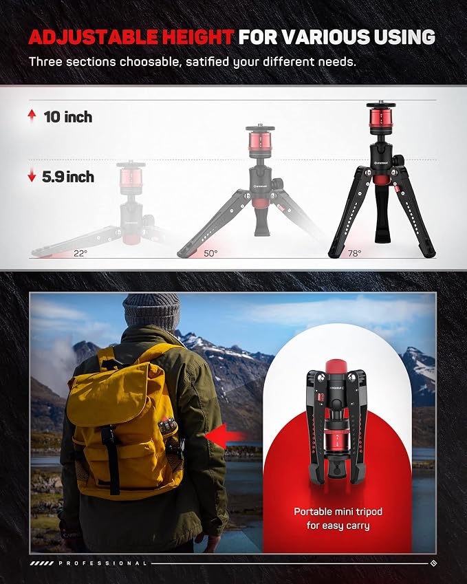 IFOOTAGE Cobra 3 Base Aluminum Desktop Mini Tripod for Camera | Tabletop Small Tripod with 1/4" & 3/8" Screws Compatible with Sony Nikon Canon DSLR Cameras, Payload 17.64lbs - Image 5