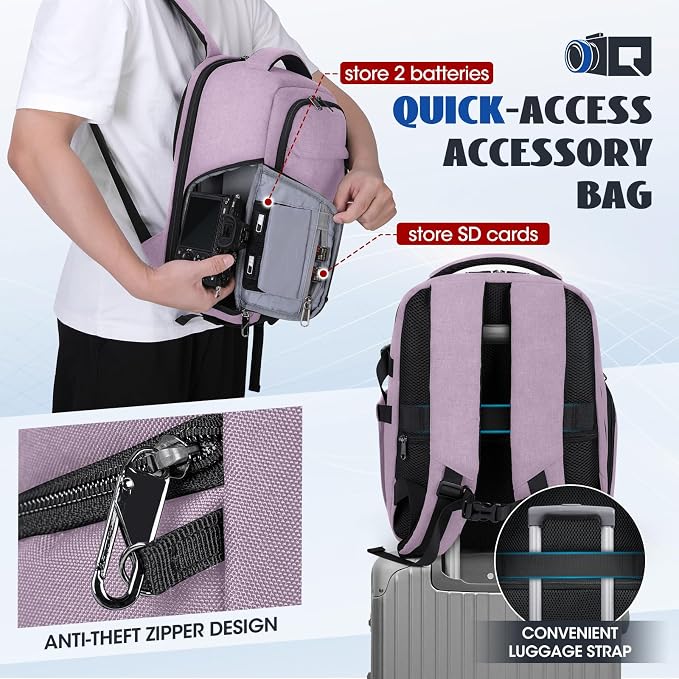Camera Backpack Camera Bag for Photographers DSLR SLR Mirrorless Camera Cases with Waterproof Rain Cover & Laptop Compartment Fits 14 Inch Laptop,Anti Theft Travel photography backpack,Pink - Image 7