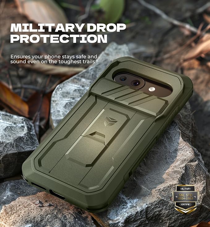 Dexnor for Google Pixel 9a Case with Slide Camera Cover & 2 Front Frames & Built-in Screen Protector & Heavy-Duty Kickstand, Full-Body Protective Cover Rugged Bumper Cases for Pixel 9a,Army Green - Image 6