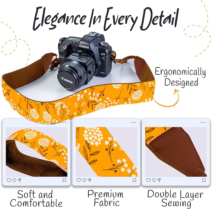 Art Tribute Camera Strap - Shoulder, Crossbody & Neck Camera Strap for Photographers, Fits All Cameras, Canon Nikon Sony Fujifilm, Padded Strap W/Quick Release, Embroidered Cotton & Leather Ends - Image 3