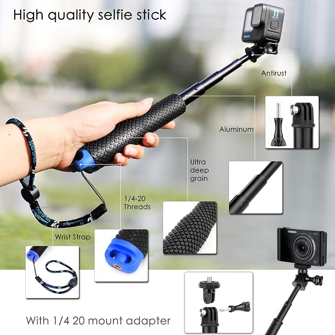 7''-23'' Extendable Selfie Stick for GoPro Action Camera | Waterproof Handle Grip Monopod Portable Extension Pole for Hero 13 12 11 10 9 8 7/DJI Osmo Action 6 5 Pro 4 for Travel Vlog - Image 3