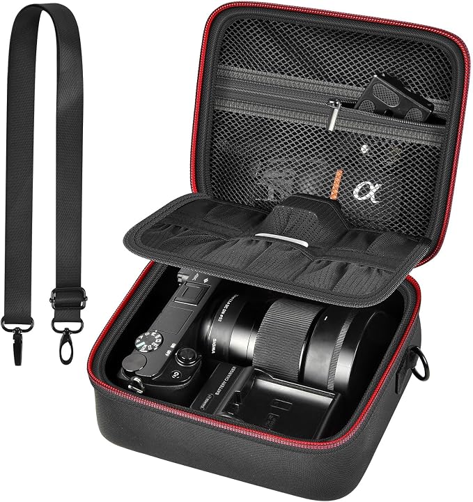 casmilee Camera Case for Sony Alpha ZV-E10 Alpha a6400/ a6700/ a6100/ a6000/ a6600/ a6500 Mirrorless Digital Camera, Hard Travel Bag with a Shoulder Strap for Lens & Accessories (Black, Medium) by Casmilee
