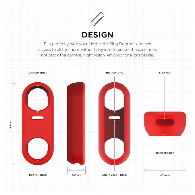 elago Silicone Case for Google Nest Hello Doorbell Cover (Wired) | Full Protection, Night Vision Compatible [US Patent Registered] [Red] - Image 4