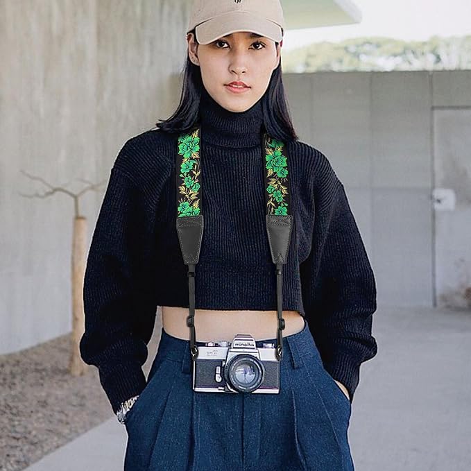 Padwa Lifestyle Green Rose Camera Strap - 2" Full Grain Leather Ends Camera Straps for Photographers, Vintage Embroidered Cotton Soft Suede Fabric Padded Strap Quick Release fits All Cameras - Image 5