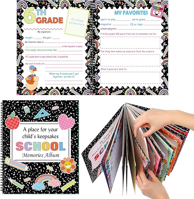 Motipuns School Memory Book Photo Album for Kids, Composition Notebook | School Years Keepsake Book Album Scrapbook from Preschool Through 12th Grade with 14 Pocket for Storage Portfolio Pictures by Motipuns