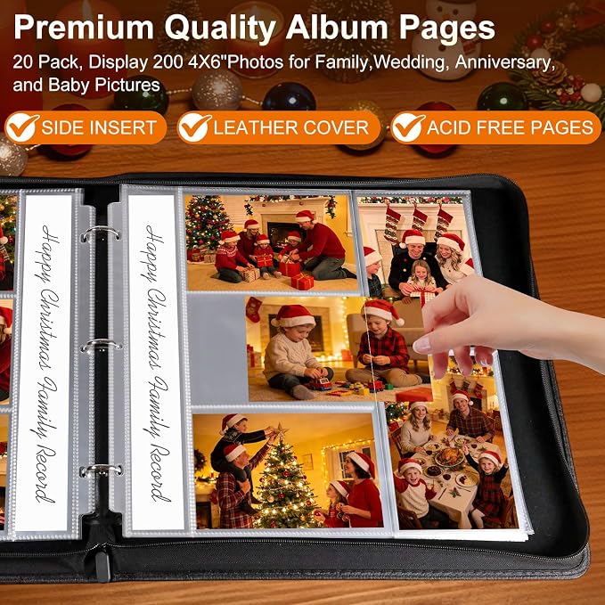 4x6 Photo Album for 3-Ring Binder – Zippered Leather Picture Albums Kit with 20 Page Protectors, Holds 200 Mixed Layout Photos, Large Capacity Family Wedding Anniversary Baby Album Book, Brown - Image 4