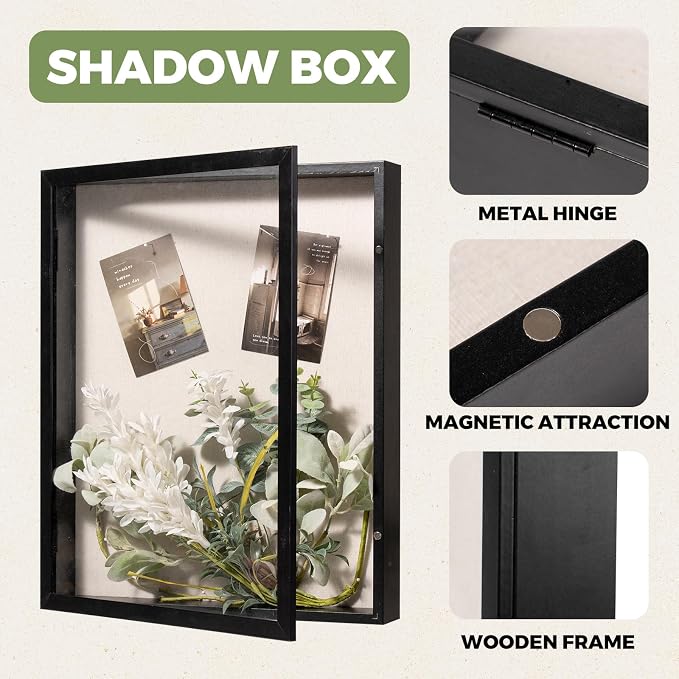 Muzilife 16x20 Shadow Box Wood Picture Frame, 2.16 Deep, Real Glass, Black | FSC-Wood, Magnetic Door, Linen Interior & Pins, Vertical, Horizontal Wall Hanging, Display Case Frame for Photos & Keepsakes - Image 5