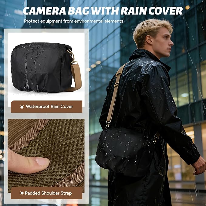 RAINSMORE Camera Bag, Vintage Canvas Camera Sling Bag Crossbody Camera Case | Water-resistant DSLR SLR Mirrorless Camera Bag for Photographer with Rain Cover & Tripod Holder for Sony Canon Nikon Fujifilm - Image 5