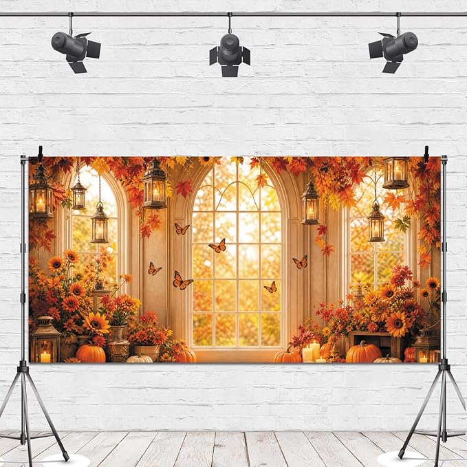 Fall Butterfly Floral Backdrop for Photography 20x10ft Autumn Window Pumpkin Maple Flowers Backdrop Thanksgiving Theme Background Birthday Party Decorations Photo Booth Props Vinyl by Leowefowa
