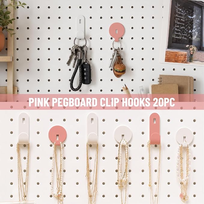 HUHOLE 20PC Pink Pegboard Clip Hooks for Thin Metal 1/4 Inch Pegboard | Picture Hangers with 10 lb Capacity, 10 Round and 10 Angled Peg Hooks for Jewelry, Crafts and Small Accessories - Image 4