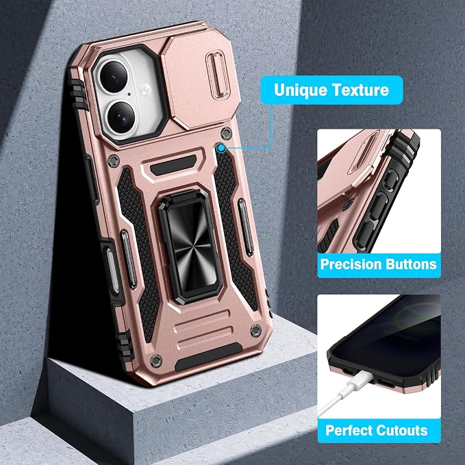 VEGO for iPhone 16 Case with Stand and Slide Camera Cover Rose Gold | Privacy Tempered Glass Screen Protector & Ring Kickstand Military Grade Protection Cover for iPhone 16 - Rose Gold - Image 7