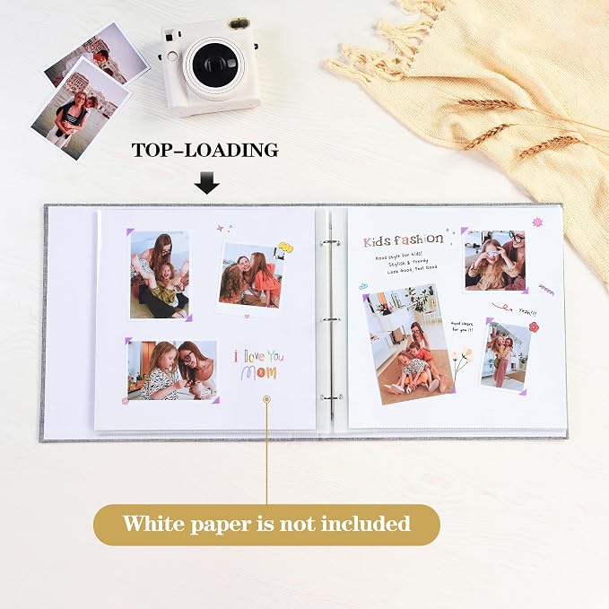Mublalbum 10x10 Inch 3 Ring DIY Scrapbook Photo Album 80 Pages, Grey | 3 Ring Binder Scrapbook, Linen Cover, 40 Plastic Sleeves 80 Pages, Memory Book for Wedding, Baby, Family, DIY Projects - Image 5