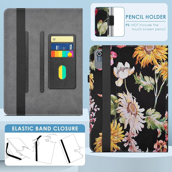 DETUOSI Universal 10.1 inch Tablet Case,Scratch Resistant | For ECOPAD ‎TH-KK12C,URAO X109,Aiprotablet C20e,Folio Leather Protective Cover,2-Angle Viewing Stand,3 Card Slots,Flowers - Image 6