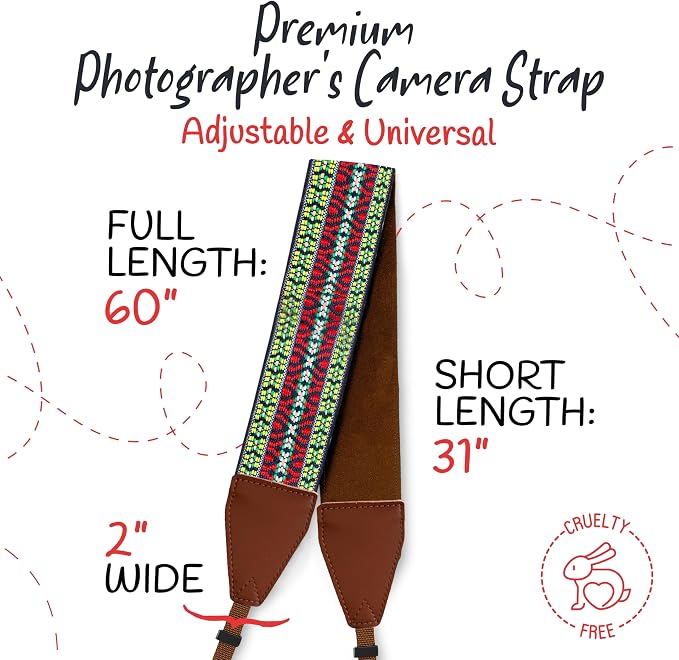 Art Tribute Camera Strap - Shoulder, Crossbody & Neck Camera Strap for Photographers, Fits All Cameras, Canon Nikon Sony Fujifilm, Padded Strap W/Quick Release, Embroidered Cotton & Leather Ends - Image 5