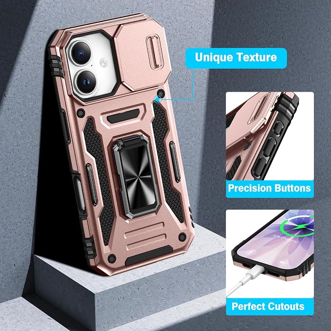 VEGO for iPhone 17 Case with Camera Cover & Privacy Screen Protector | Slide Camera Cover & Ring Kickstand Military Grade Heavy Duty Protection Cover for iPhone 17 5G 6.3 Inch - Rose Gold - Image 7