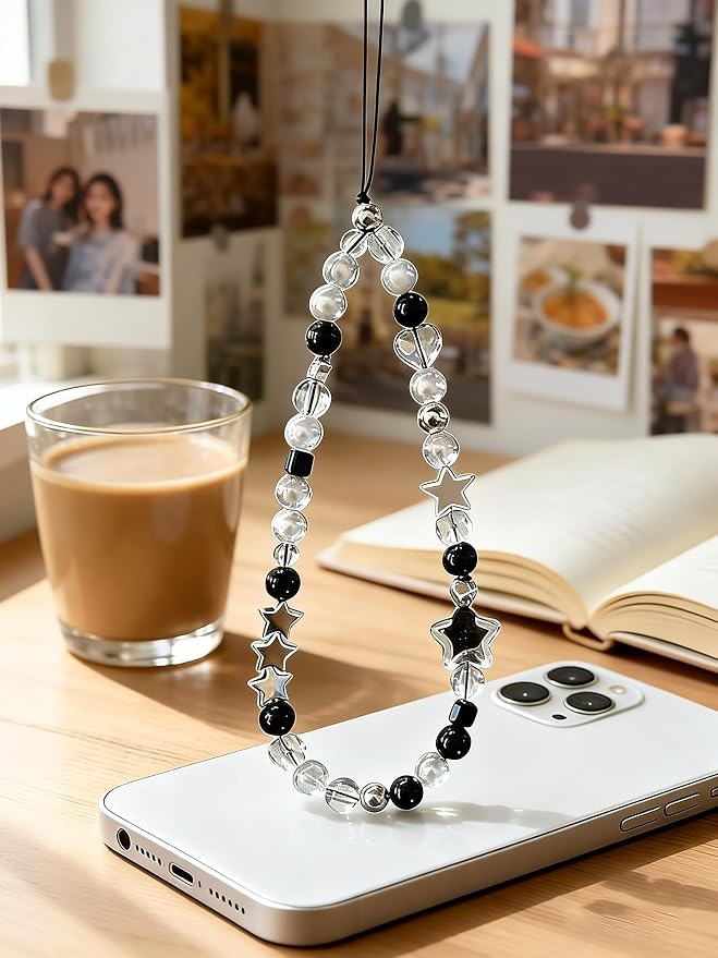 2 Pcs Phone Charm Strap Hand for iPhone Wrist Strap Camera Lanyard Pearl Beaded Cute Chain String Accessories Universal for iPhone 17 Pro Max 16 15 Samsung Women Girls Keychain Silver and Black Star - Image 5