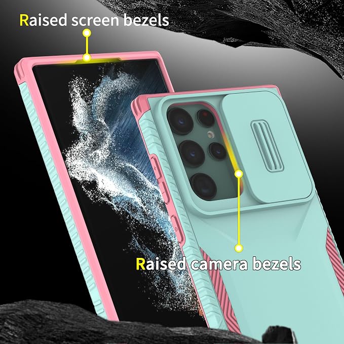 for Galaxy S22 Ultra Case with 1 HD Screen Protector & Slide Camera Cover [Military-Grade] Phone Case Heavy Duty Rugged Shockproof Protective Cover for Samsung Galaxy S22 Ultra(Cyan/Pink) - Image 5