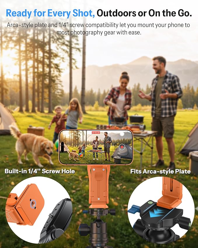 OMOTON TP02-Pro 5 in 1 Magnetic Phone Holder for Vlogging Essentials,Orange | Arca-type Base with a 1/4" Screw Hole, Magnetic Ring with Rear Attachment Plate, for iPhone 12-17 Series, Gym Kitchen Travel - Image 4