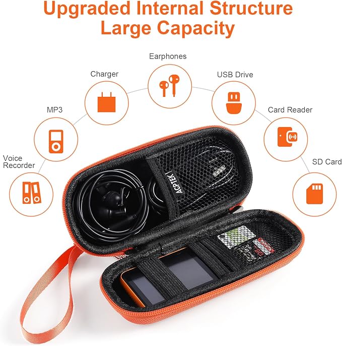 AGPTEK Carrying Case, EVA Zipper Carrying Hard Case Cover for MP3 Players | Storage Holder for Digital Voice Recorders, 3D Printing Pen, USB Cable, Earphones, Memory Cards, U Disk (Orange) - Image 2