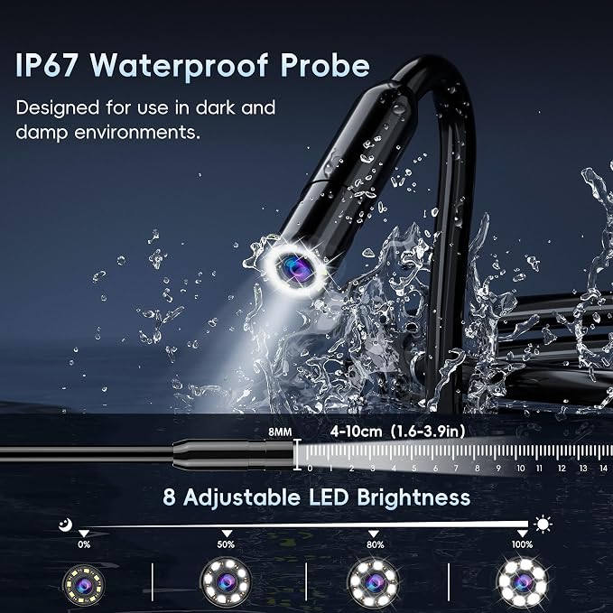 50FT Endoscope Camera with Light-1080P HD Borescope Inspection Camera | IP67 Waterproof Sewer Tools with 8 Adjustable LEDs,Snake Cameras with 4.3" IPS Screen for Plumbing & Automotive Engines - Image 4