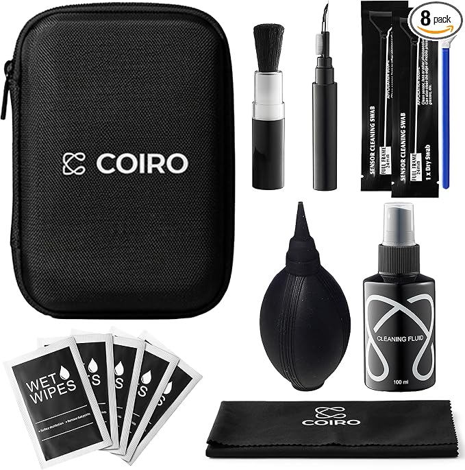 Camera Lens Cleaning Kit 7 in 1 – Lens Pen, Air Blower, Sensor Cleaning Swabs, Lens Cleaner Spray, Wet Wipes 5 Pac, Microfiber Wipe – DSLR Mirrorless Full Frame by CCoiro