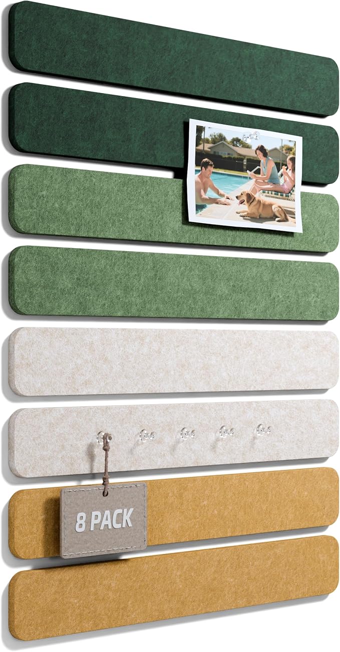 Fluxynara 13" x 2" Felt Wall Panels, Moss Glimmer | 8-Pack Includes 50 Push Pins and Adhesive Tabs for Photos, Notes and Decor in Bedroom Doors, Home Office or Studios by FLUXYNARA