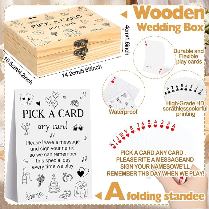 AceOrbit 57 Pack Wedding Party Guest Book Playing Cards Set with Wooden Box | Wedding Signing Guestbook Alternative Personalized Blank Deck of Cards for Guest Reception Vegas Bridal Shower Games - Image 3