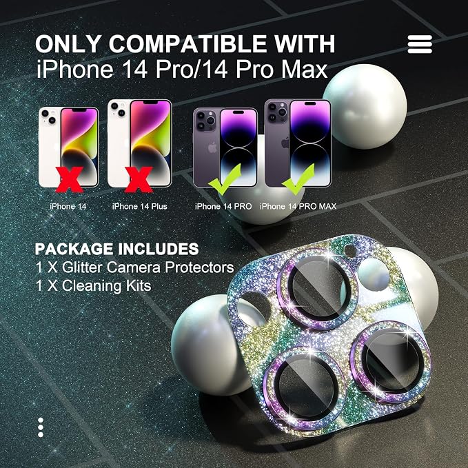 Choiche for iPhone 14 Pro/iPhone 14 Pro Max Camera Lens Protector | Bling Camera Cover with 9H Tempered Glass Lens Screen Protector Metal Ring Decoration Accessories (Glitter-Colorful) - Image 2