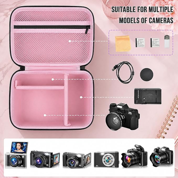Comecase Large Travel 4K Vlogging Camera Case for Duluvulu/for AUREAPIX | Outdoor Camera Storage with 2 Dividers and Mesh Pocket, for Vloggers and Content Creators, Trip Ready, Pink - Case Only - Image 2