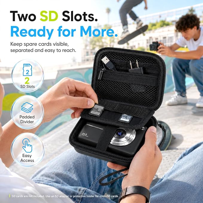 Comecase Camera Case for Kodak PIXPRO FZ55/FZ45, 2 SD Card Slots, Jet Black | Hard EVA Shell, Padded Divider and 2 SD Card Slots Organize a Compact Camera, Charger and Cable for Travel. Case Only. - Image 4