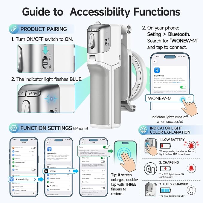 [3 in 1] Magnetic Phone Camera Shutter Grip, Extendable Selfie Stick & Tripod Portable for Magsafe iPhone & Android with Detachable Wireless Shutter Button Remote Control Ergonomic Handle - White - Image 4
