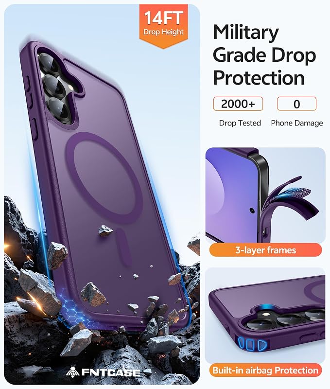 FNTCASE for Samsung Galaxy S25/S24 Plus Case, Fit Magsafe, Screen Protector | Translucent Matte Magnetic Back, 14FT Military Grade Drop Protection, Shockproof Protective Phone Cover, Purple - Image 5