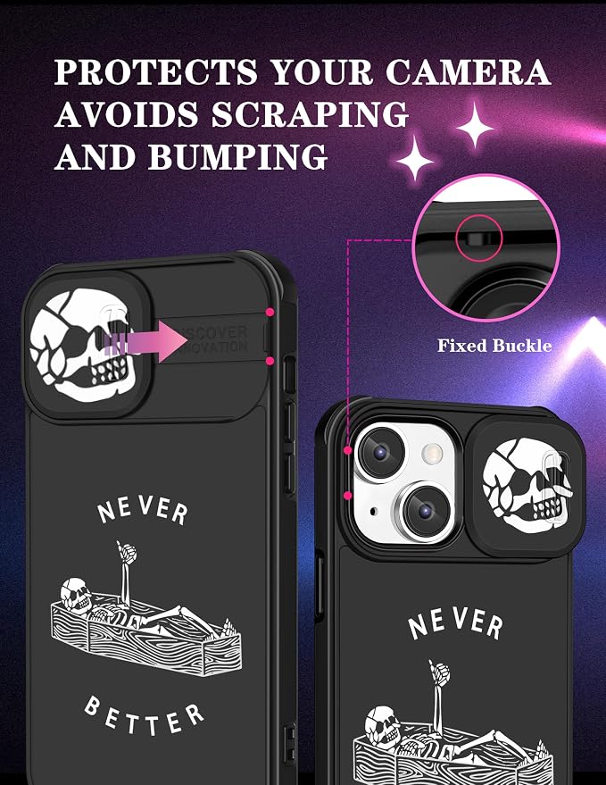 (2in1 for iPhone 15 Case Skull Skeleton Women Boys Goth Phone Cover Cute Fun Gothic Black Spooky Cool Unique Design with Slide Camera Cover Protective Stand Holder for iPhone 15 Cases 6.1'' - Image 3