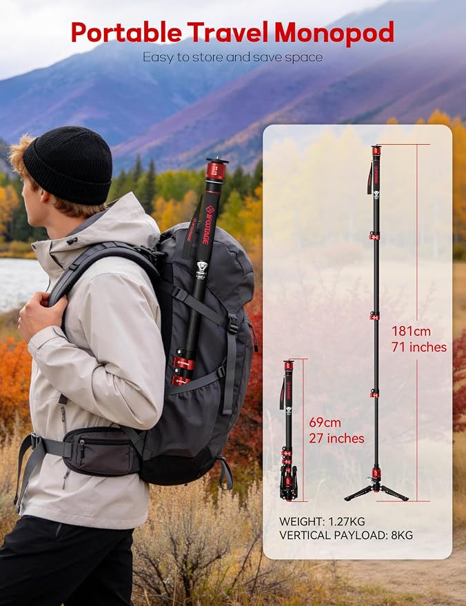 IFOOTAGE Cobra 3 C180F-P Carbon Fiber Camera Monopod 71" | Travel Monopod with Feet, 1/4" & 3/8" Quick Release Compatible with Sony Canon Nikon DSLR Camera, Payload 17.6lb - Image 8