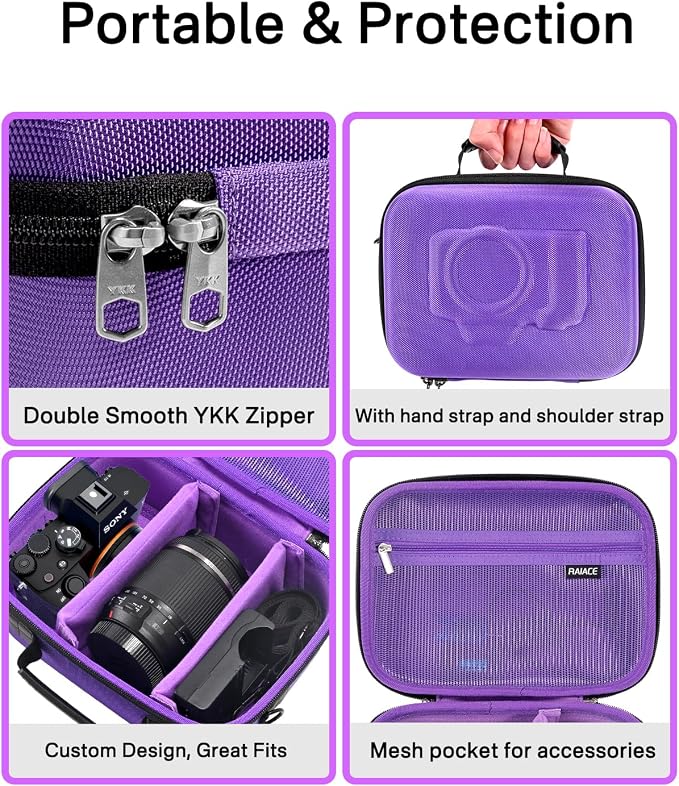RAIACE Hard Case Compatible with Sony Alpha 7 II III IV/7R V Camera, for Nikon, for Canon, for Pentax and More. Mesh Pocket for Charger, Cables, Cards and Accessories. (case only) (Purple) - Image 3