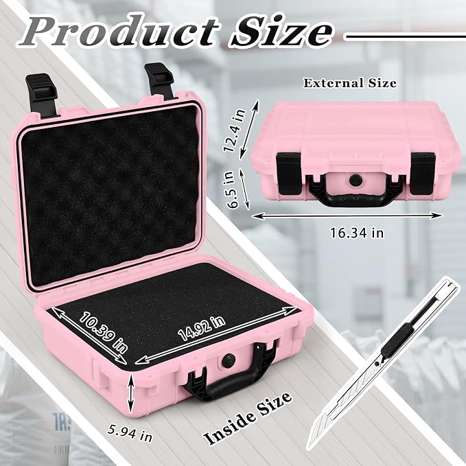 Relaxweex 1 Pcs Waterproof Hard Case with DIY Customizable Foam Insert Portable Protective Case with Knife for Camera Drones Equipments Tools Test Instruments(Pink,16.3 x 12.4 x 6.5 Inch) - Image 2