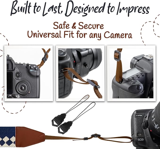 Art Tribute Camera Strap - Shoulder, Crossbody & Neck Camera Strap for Photographers, Fits All Cameras, Canon Nikon Sony Fujifilm, Padded Strap W/Quick Release, Embroidered Cotton & Leather Ends - Image 6