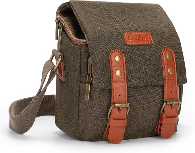CADeN Compact Camera Bag Case Canvas Leather Trim Compatible for Nikon, Canon, Sony Mirrorless Camera and Lenses Waterproof, Camera Shoulder Messenger Bag (Small 1.0 Brown) by CADeN
