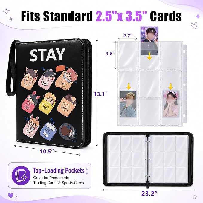 K-pop Photocard Binder, 900-Pocket STAY Cute Trading Card Album with 50 Double-Sided 9-Pocket PP Pages, Zipper PU Leather Card Holder with Wrist Strap for Photo Cards, Lomo Cards & Collectibles - Image 5