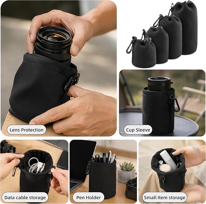 Camera Lens Bag, 4 Pack Protective Neoprene Lens Pouch with Drawstring & Carabiner, Lens Case for DSLR Camera Lens(S/M/L/XL) (S 4pcs) - Image 5