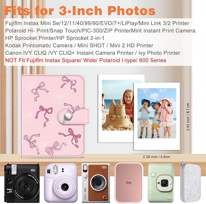 Fintie Mini Photos Album Book for 2x3 Inch Films - 52 Pockets Small Albums | For Fujifilm Instax Mini, Polaroid Hi-Print Pictures, Portable Kpop Photocard Holder, Travel Memory Book, Pink Bow - Image 3
