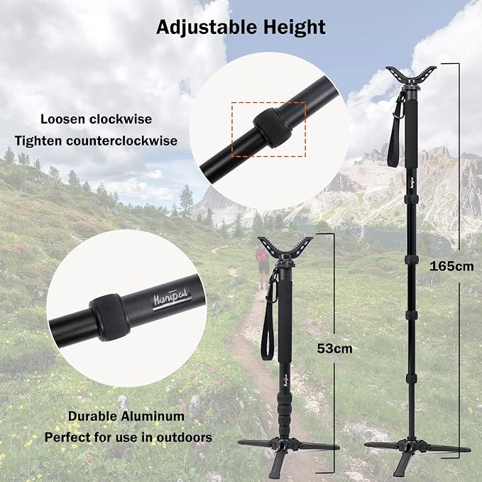 Hunting Monopod Shooting Tripod Stick Gun Rifle Rest | Tiltable and Horizontally Rotatable Tri-Stand Tripod Base, 21"-65" Height Adjustment, Matt Aluminum Construction - Image 3