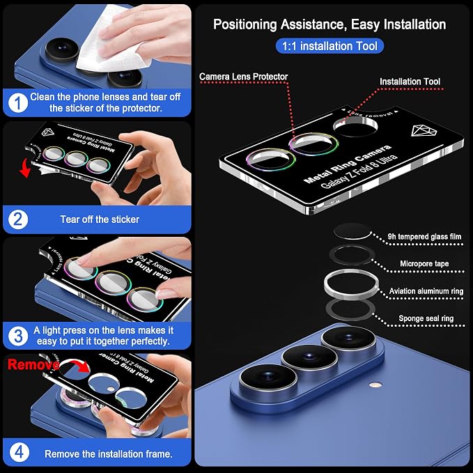 Meshine for Samsung Galaxy Z Fold 8 Ultra Camera Lens Protector,Scratch Proof,Strong Adsorption,9H Hardness with Metal Ring Camera Cover,Case Friendly,Accessories Lens Protector,Glitter Colorful - Image 3