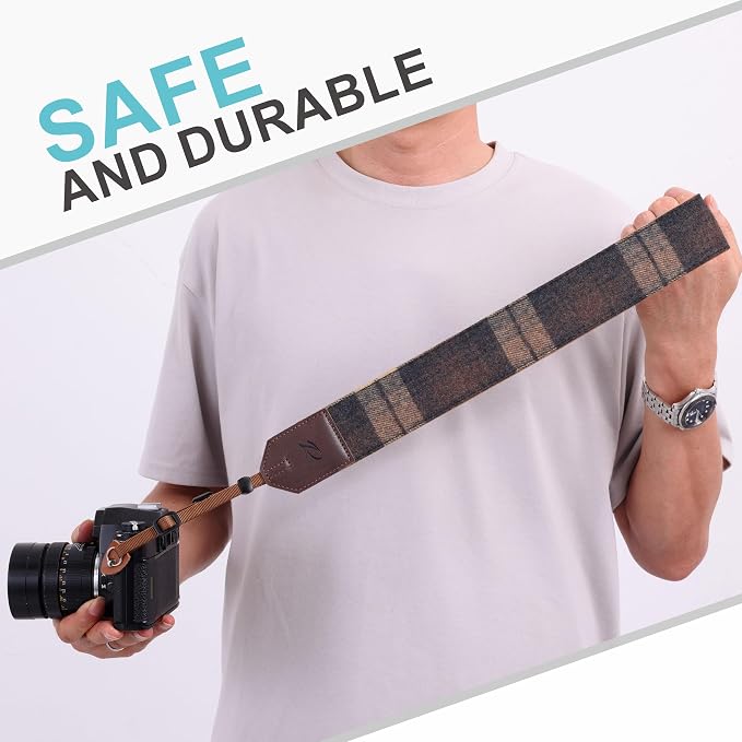 Padwa Lifestyle Camera Strap - 2" Full Grain Leather Ends Camera Straps for Photographers, Unique Vintage Cashmere and Soft Suede Fabric Padded Strap Quick Release fits All Cameras(Dark Coffee Check) - Image 5