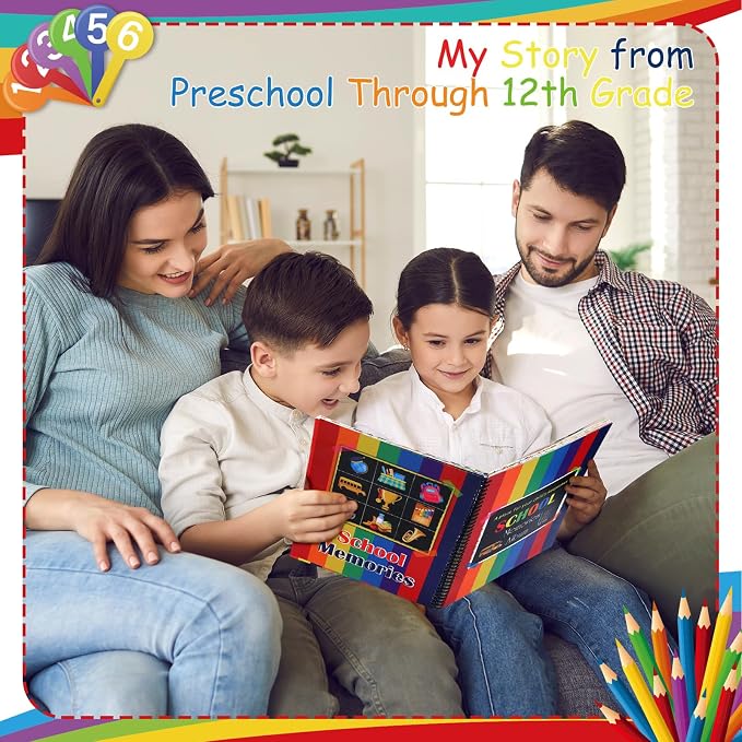 Motipuns School Memory Book Photo Album for Kids, Rainbow | School Years Keepsake Book Album Scrapbook from Preschool Through 12th Grade with 14 Pocket for Storage Portfolio Pictures - Image 4