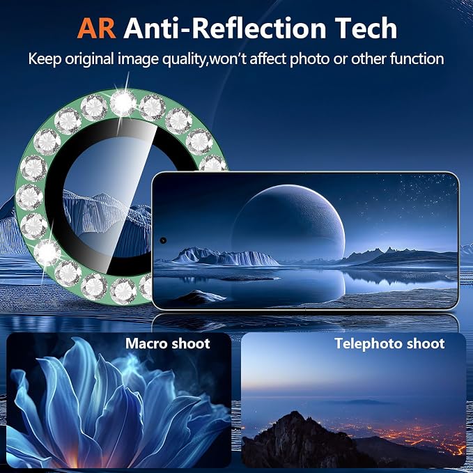 for Samsung Galaxy Z Flip 8 Camera Lens Protector, Individual Metal Ring Tempered Glass Lens Cover, [Strong Adsorption] Scratch Resistant Ultra-Thin HD Clear Lens Cover, 1 Set-Green Diamond - Image 3