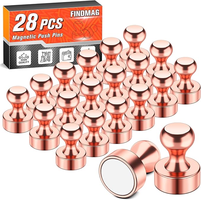 FINDMAG 28 Pack Magnets for Fridge, Whiteboard Magnets, Rose Gold | Strong Fridge Magnets for Pictures Display in Kitchen, Classroom, Locker and Office, Accessories Decorative, Easy to Move by FINDMAG